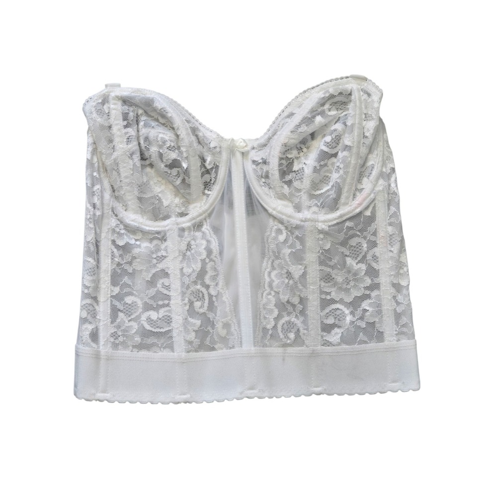 Vintage Goddess 689 Longline Bra 36C White Lace Bustier Corset Made USA Pin Up